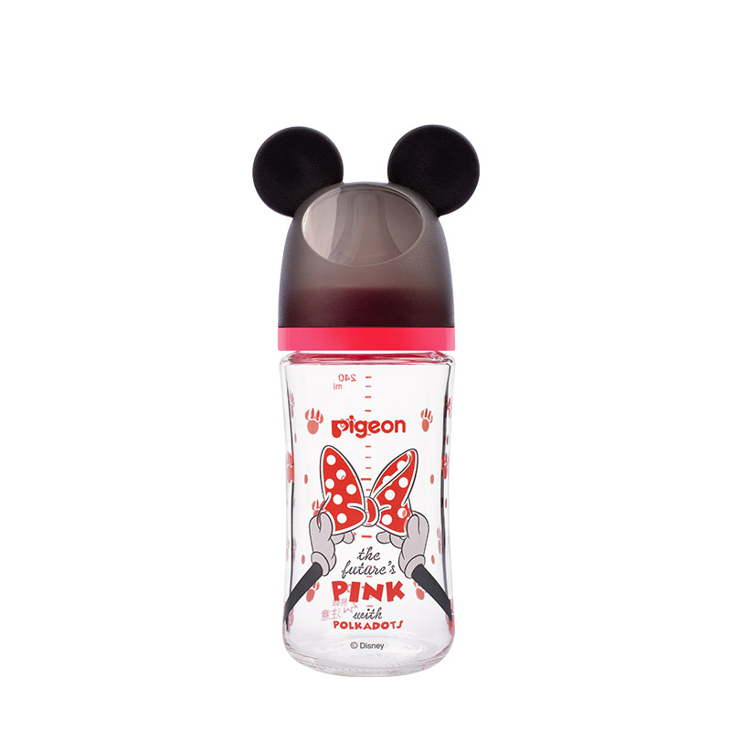 贝亲迪士尼自然实感Ⅲ宽口径玻璃彩绘奶瓶240ml（M号奶嘴）花漾蝴蝶结（6/48箱）